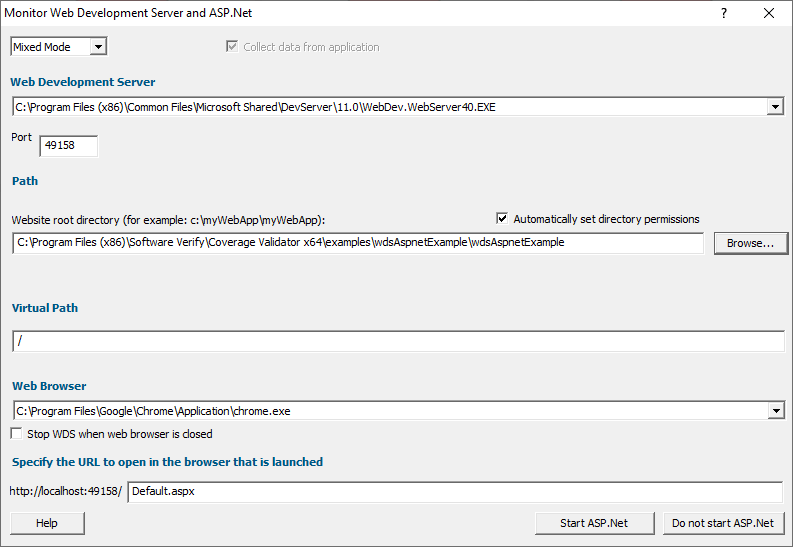 Coverage Validator Web Development Server ASP.Net dialog