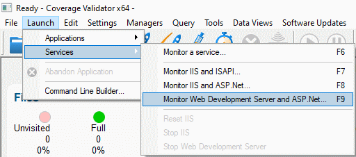 Coverage Validator launch menu Web Development Server 