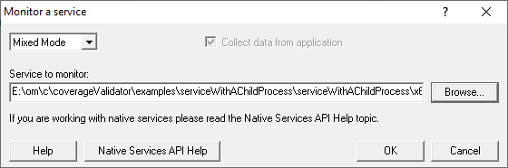 Coverage Validator Monitor a service child process dialog