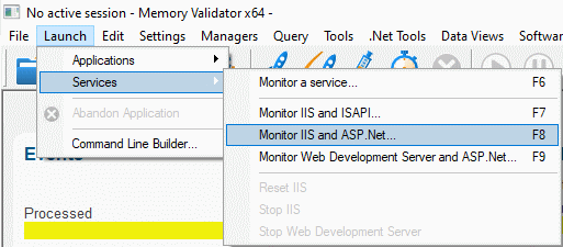 Memory Validator launch menu IIS and ASP.Net