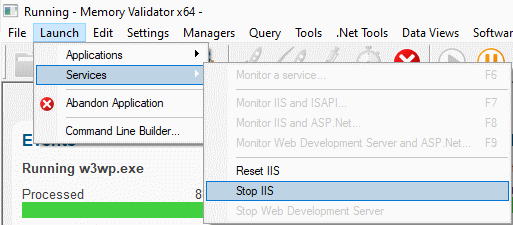 Memory Validator launch menu Stop IIS