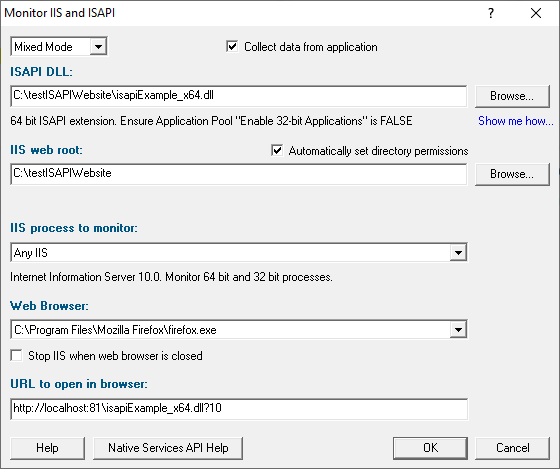 Memory Validator monitor IIS and ISAPI dialog