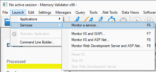 Memory Validator launch menu monitor a service