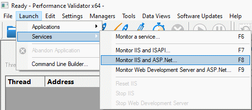 Performance Validator IIS and ASP.Net launch menu