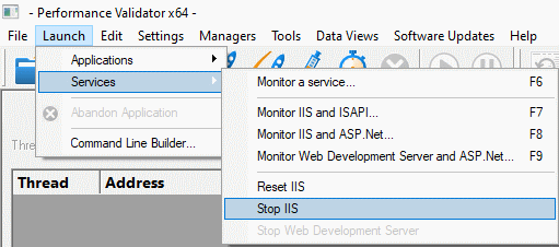Performance Validator Stop IIS launch menu