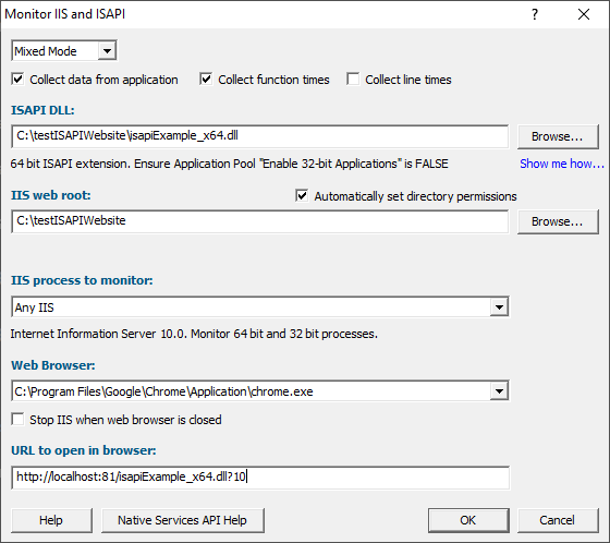 Performance Validator IIS and ISAPI dialog