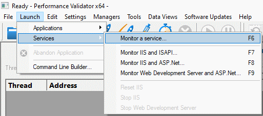 Performance Validator launch menu monitor a service