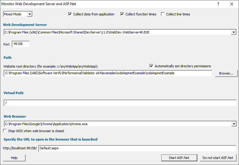 Performance Validator Web Development Server ASP.Net dialog