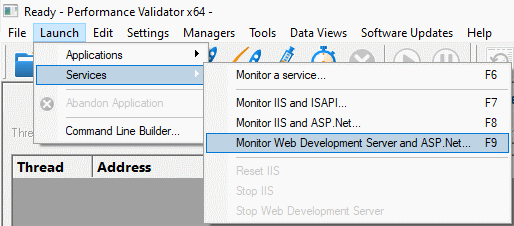 Performance Validator launch menu Web Development Server