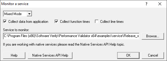 Performance Validator monitor a service dialog