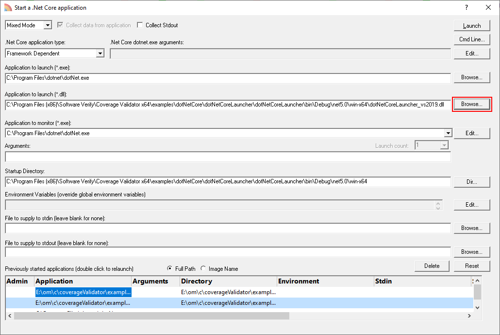 Coverage Validator .Net Core launch dialog, framework dependent