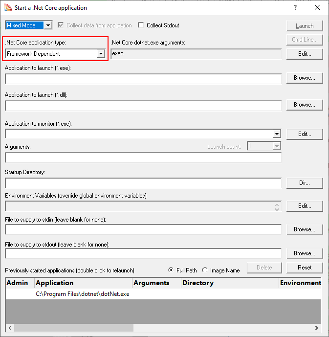 Coverage Validator .Net Core launch dialog, framework dependent