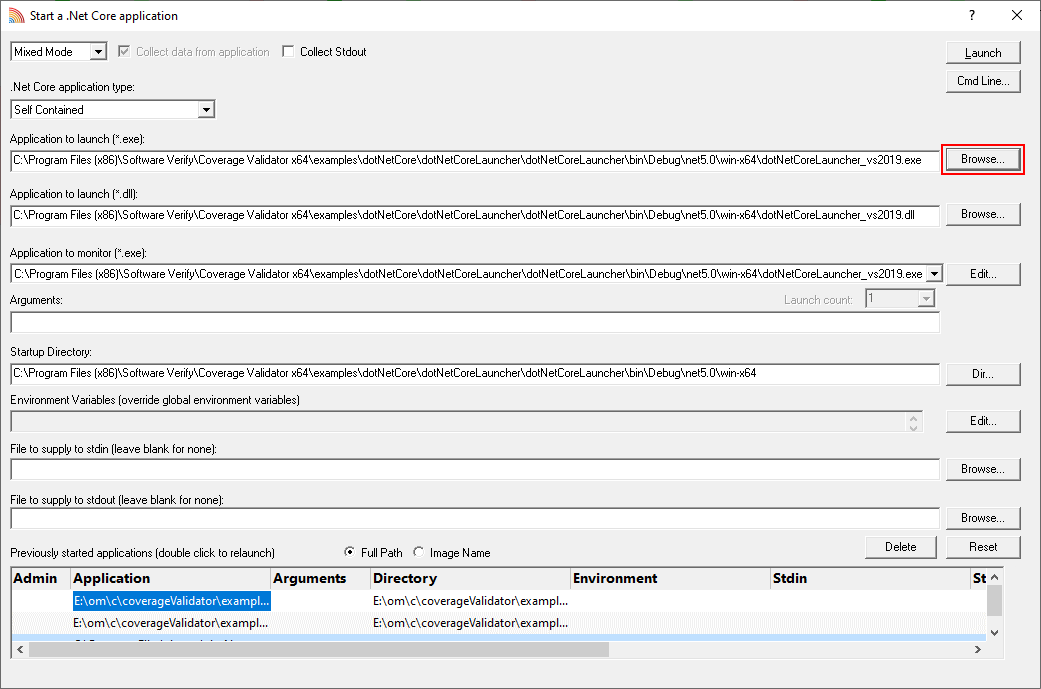 Coverage Validator .Net Core launch dialog, self contained