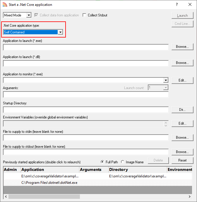 Coverage Validator .Net Core launch dialog self contained