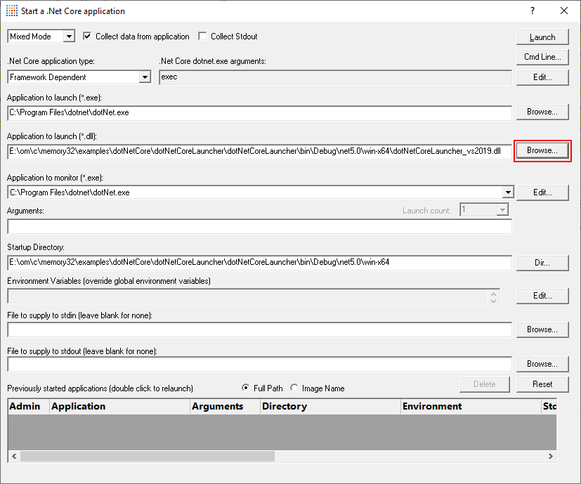 Memory Validator .Net Core launch dialog framework dependent application