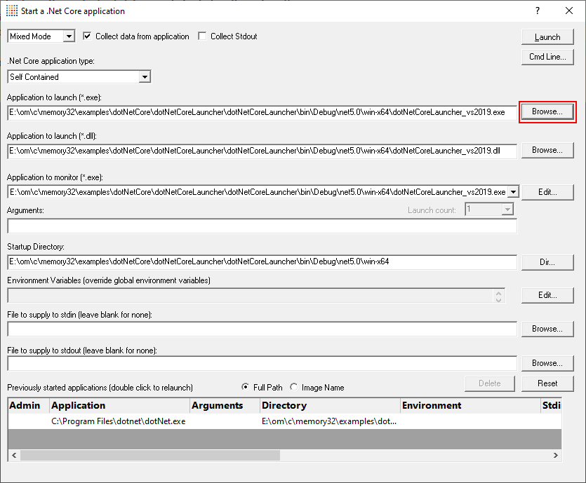 Memory Validator .Net Core launch dialog self contained application