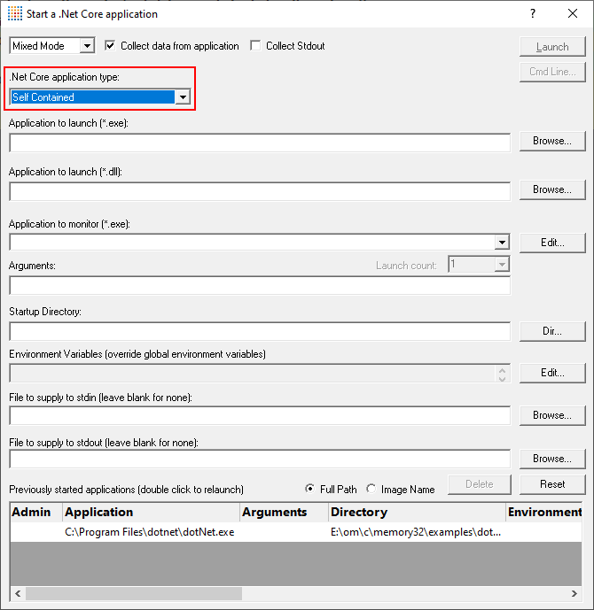 Memory Validator .Net Core launch dialog self contained