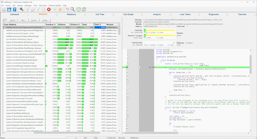 Performance Validator framework dependent profiling statistics