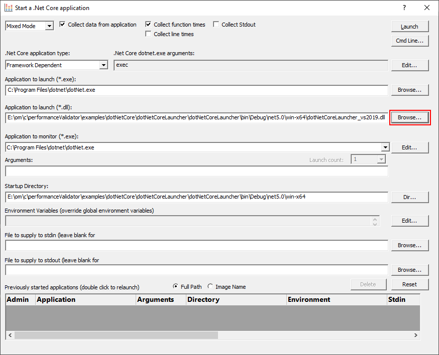 Performance Validator .Net Core launch dialog, framework dependent application