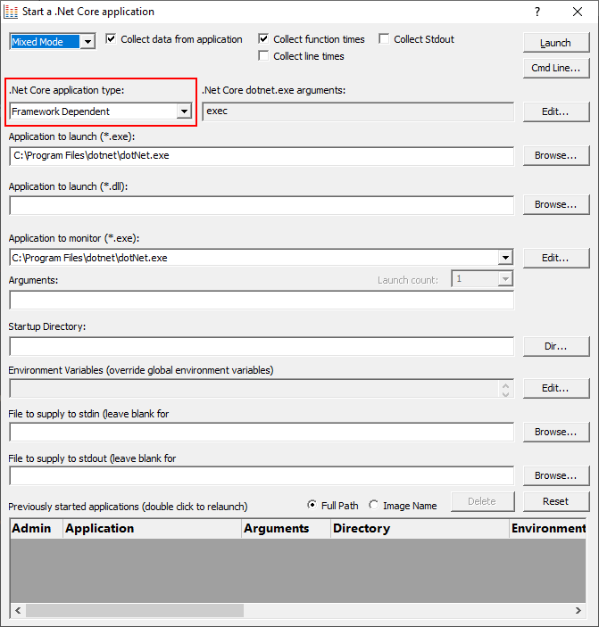 Performance Validator .Net Core launch dialog, framework dependent