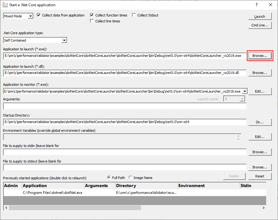 Performance Validator .Net Core launch dialog, self contained application