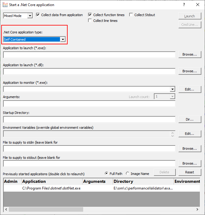 Performance Validator .Net Core launch dialog self contained