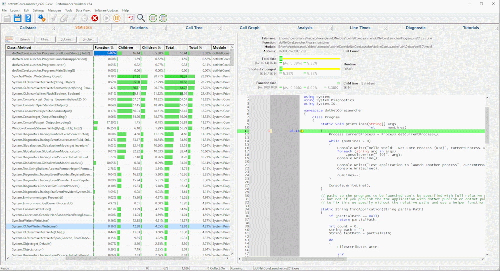 Performance Validator self contained profiling statistics