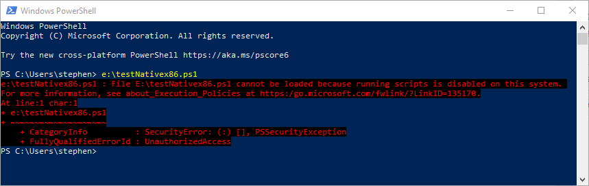 Powershell can't execute script warning message