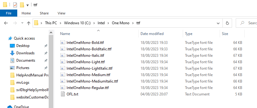 Intel One Mono extracted fonts in a directory