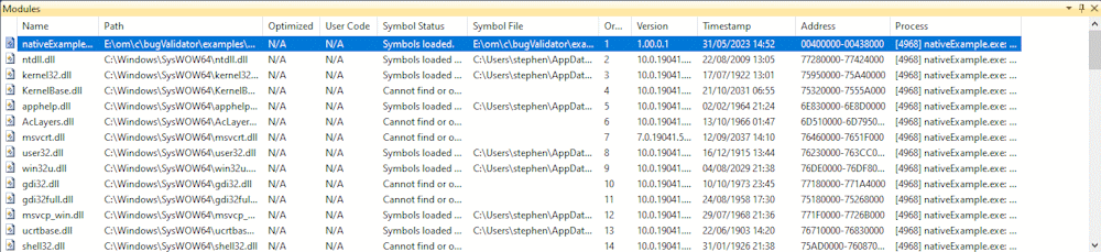 Visual Studio module list