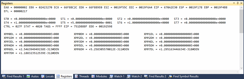 Visual Studio register dump