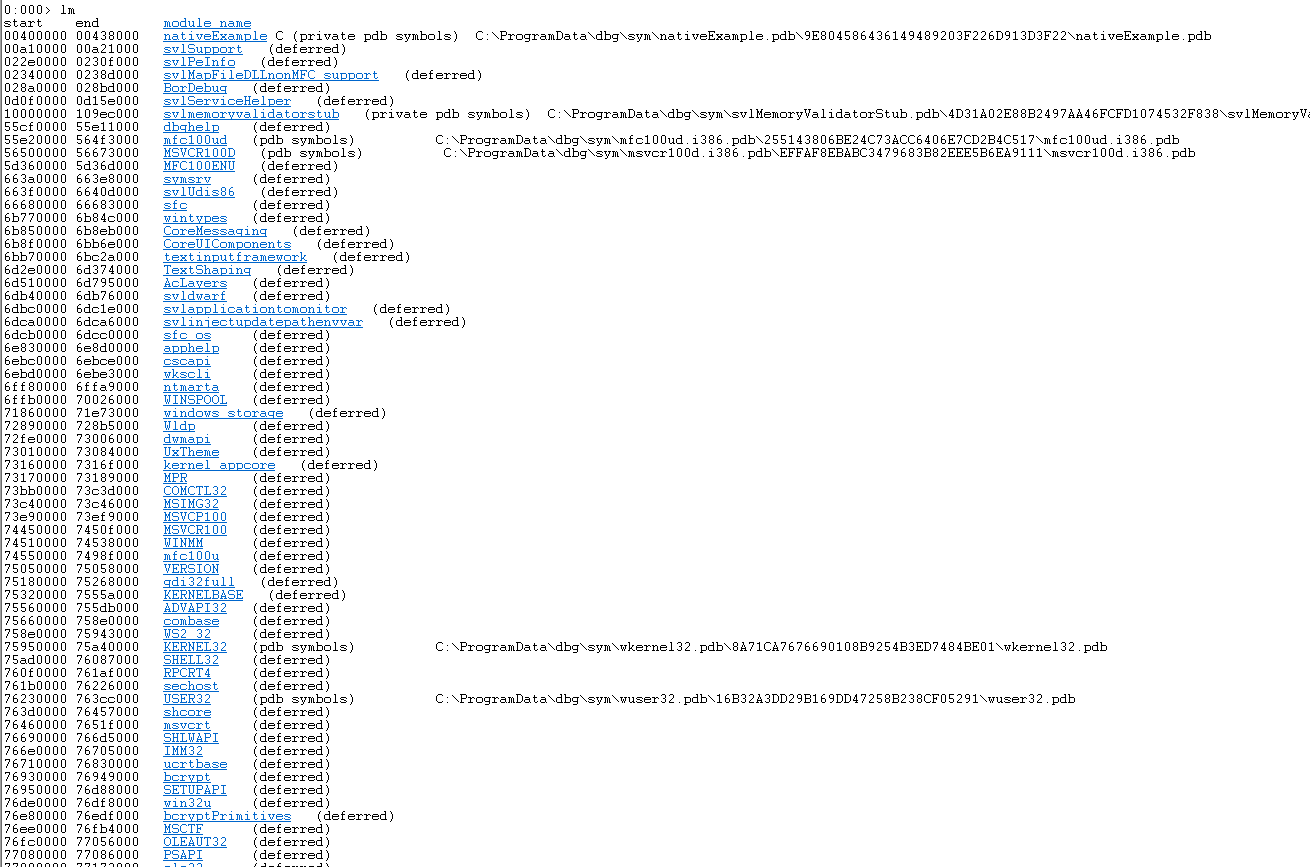WinDbg module list