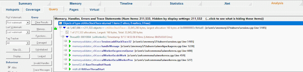 Query display showing allocation trace for statistics of one datatype
