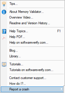 Help menu, report a crash