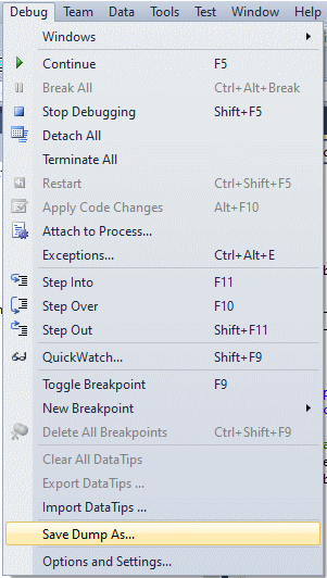 Visual Studio debug menu for minidump