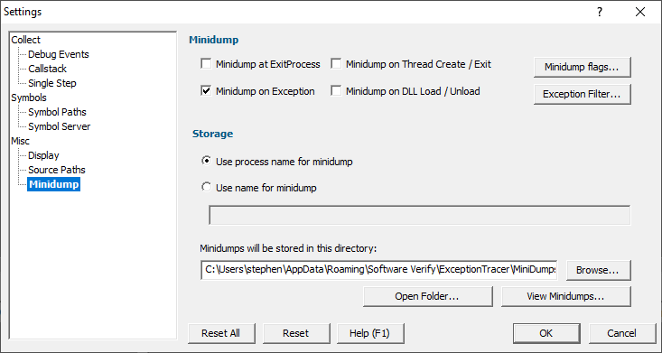 Exception Tracer minidump settings