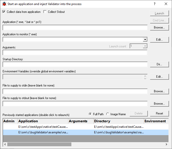 Bug Validator native and .Net launch dialog