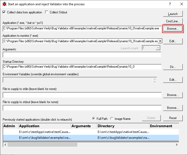 Bug Validator native and .Net launch dialog native example