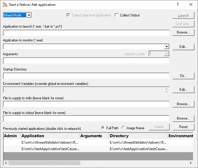 Coverage Validator Native and .Net launch dialog