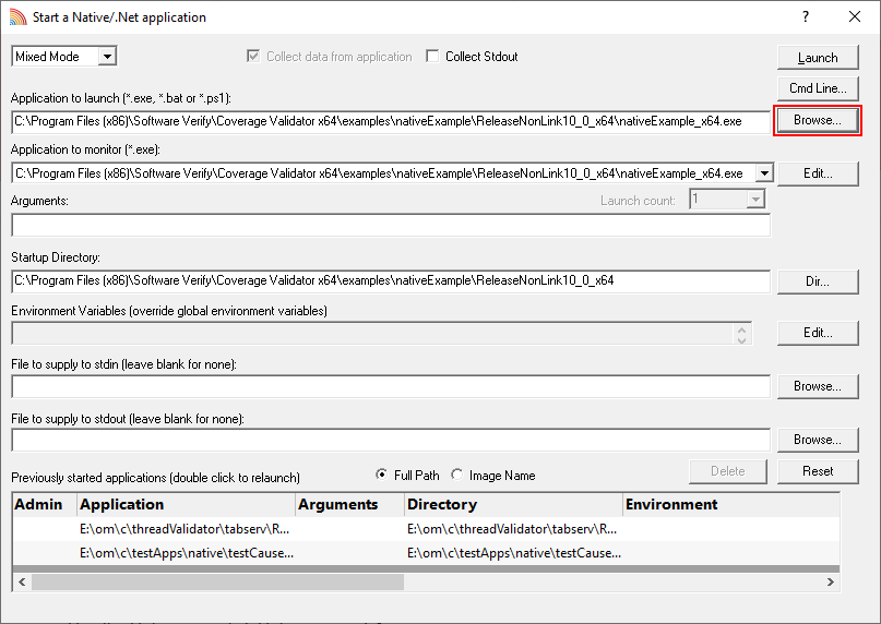 Coverage Validator native and .Net launch dialog with native example application