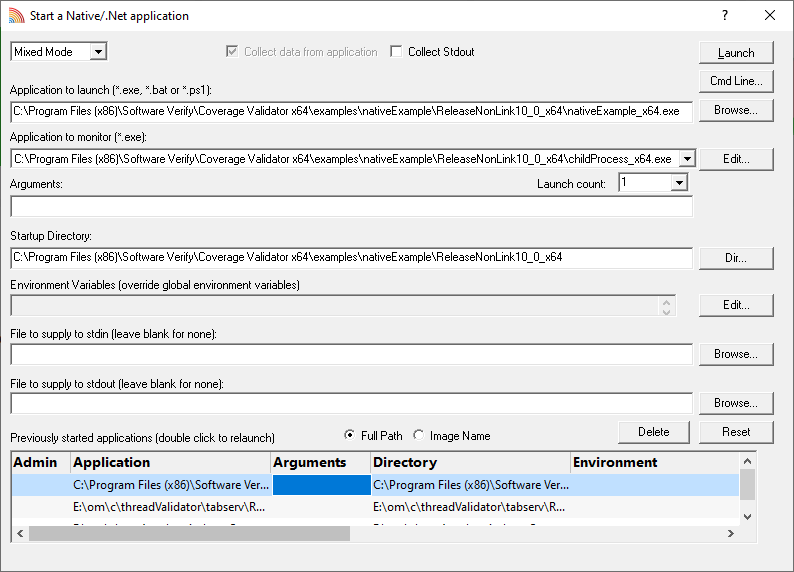 Coverage Validator native and .Net relaunch application