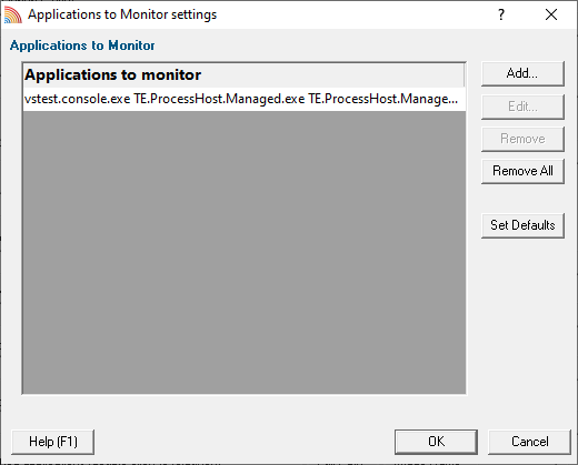 Memory Validator Applications to Monitor dialog