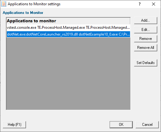 Memory Validator .Net Core Applications To Monitor dialog with 2 entries