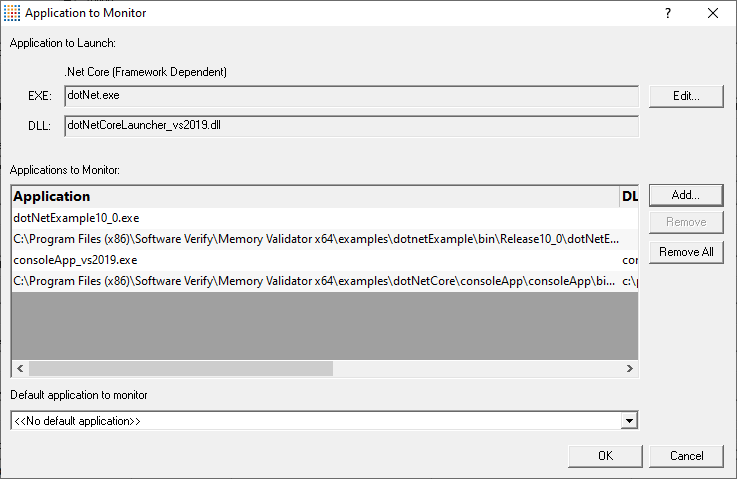 Memory Validator .Net Core Applications to Monitor dialog with 4 entries