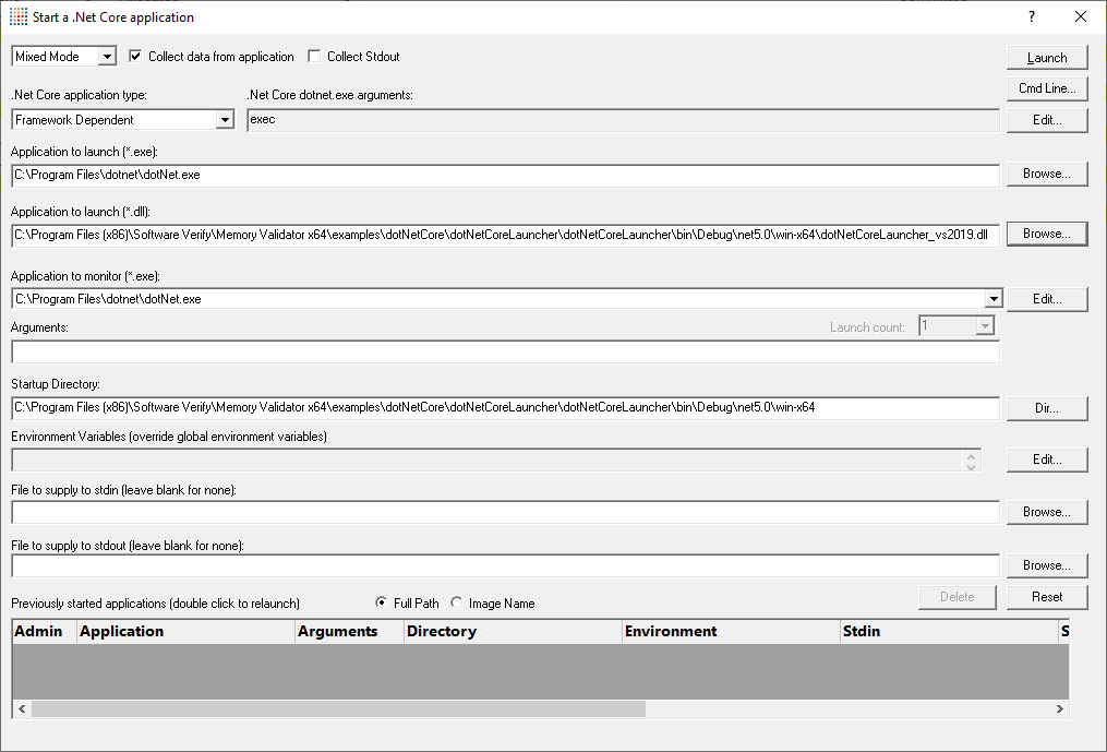 Memory Validator .Net Core Launch dialog application to launch