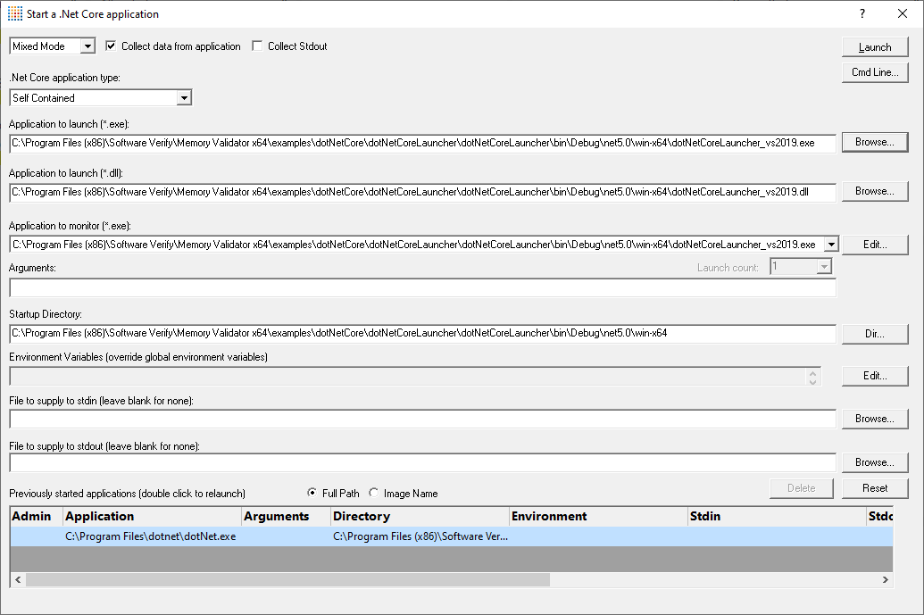 Memory Validator .Net Core Self contained application Launch dialog 