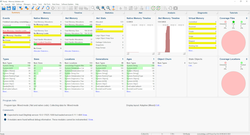 Memory Validator .Net Core memory leak results on Summary view