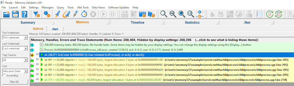 Memory Validator native and .Net child process memory leak results