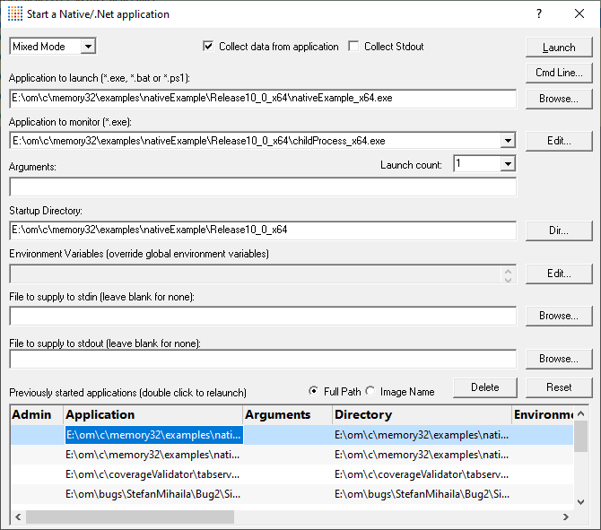 Memory Validator native and .Net launch dialog relaunch