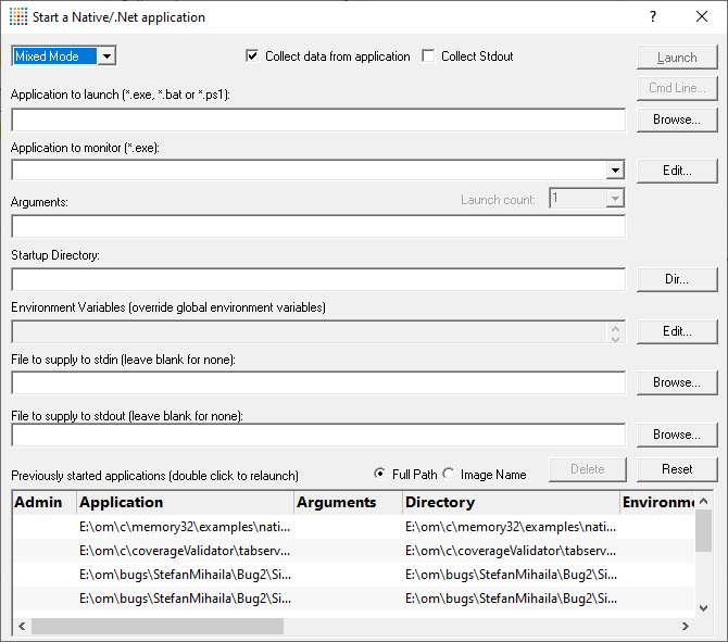 Memory Validator native and .Net launch dialog